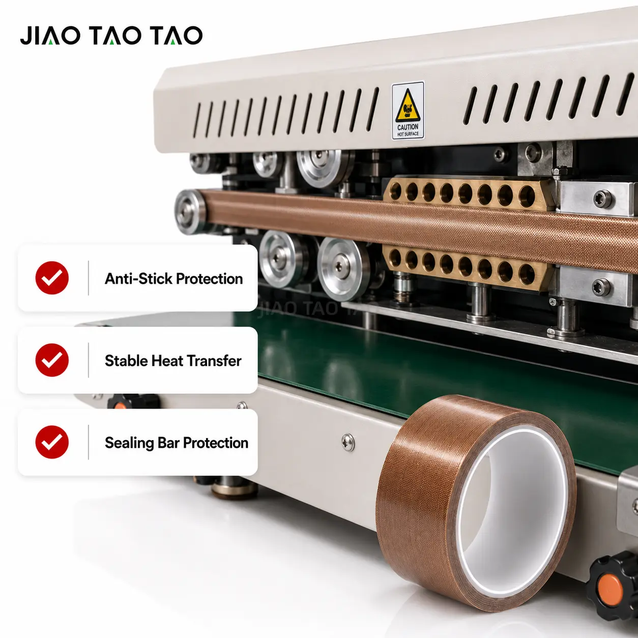 PTFE fiberglass tape wrapped on sealing bar and heat sealing machine contact area.